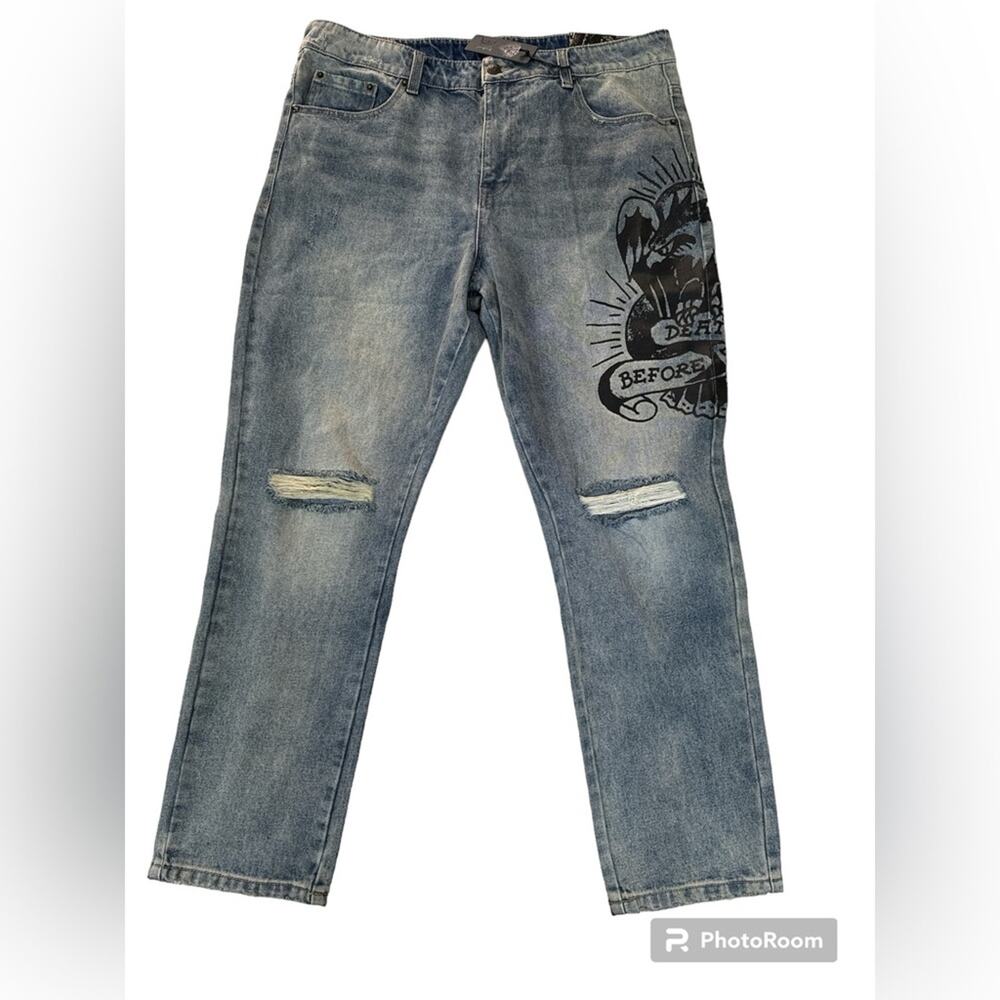 Ed Hardy Denim Jeans Tattoo Print Death Before Dishonor Distressed knees Size 34